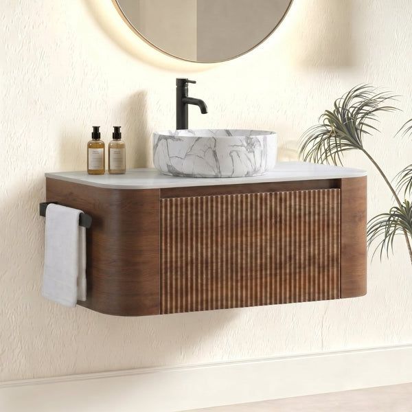 English Elm Erba 36 Inch Fluted Bathroom Vanity with Carrara Ceramic Basin and Towel Rack Walnut W1865S00289