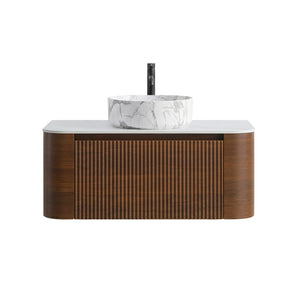 English Elm Erba 36 Inch Fluted Bathroom Vanity with Carrara Ceramic Basin and Towel Rack Walnut W1865S00289