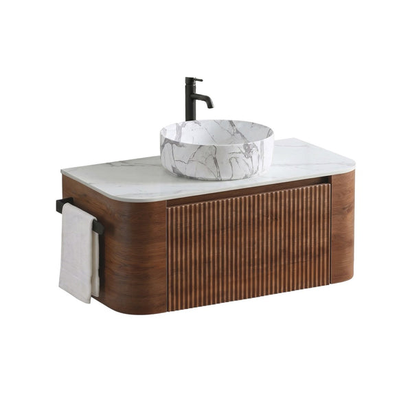 English Elm Erba 36 Inch Fluted Bathroom Vanity with Carrara Ceramic Basin and Towel Rack Walnut W1865S00289