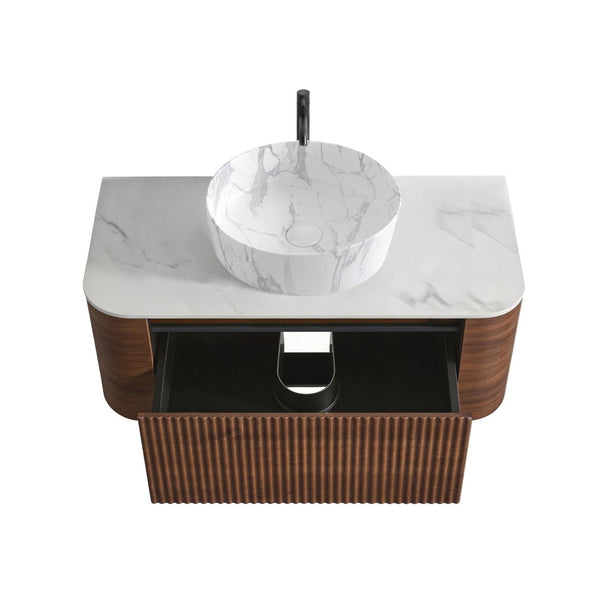 English Elm Erba 36 Inch Fluted Bathroom Vanity with Carrara Ceramic Basin and Towel Rack Walnut W1865S00289