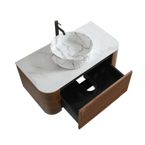 English Elm Erba 36 Inch Fluted Bathroom Vanity with Carrara Ceramic Basin and Towel Rack Walnut W1865S00289