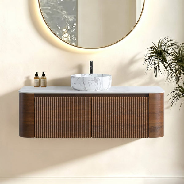 English Elm Erba 48 Inch Wall Mounted Bathroom Vanity Fluted Spa Cabinet with Ceramic Vessel Sink Walnut W1865S00290