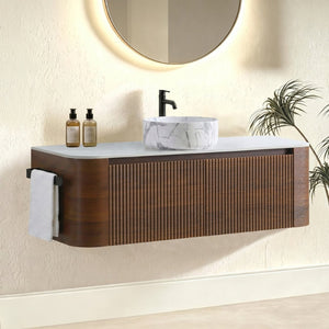 English Elm Erba 48 Inch Wall Mounted Bathroom Vanity Fluted Spa Cabinet with Ceramic Vessel Sink Walnut W1865S00290
