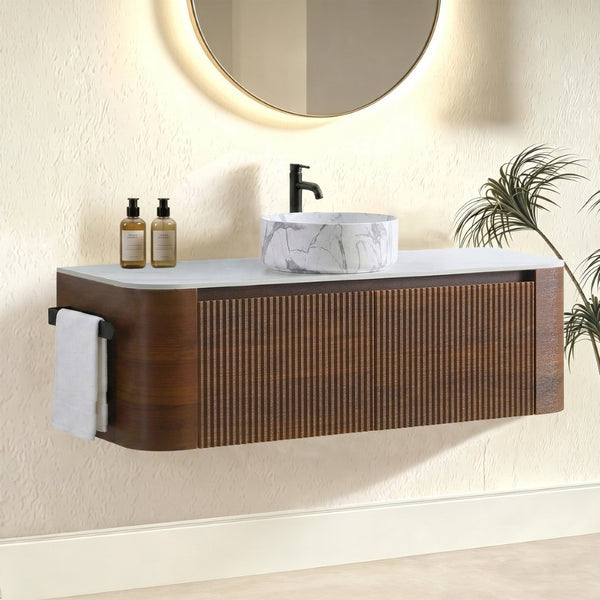 English Elm Erba 48 Inch Wall Mounted Bathroom Vanity Fluted Spa Cabinet with Ceramic Vessel Sink Walnut W1865S00290