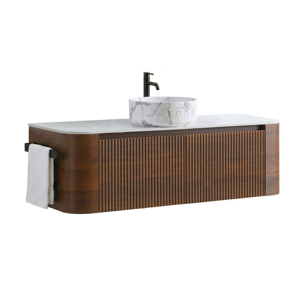 English Elm Erba 48 Inch Wall Mounted Bathroom Vanity Fluted Spa Cabinet with Ceramic Vessel Sink Walnut W1865S00290