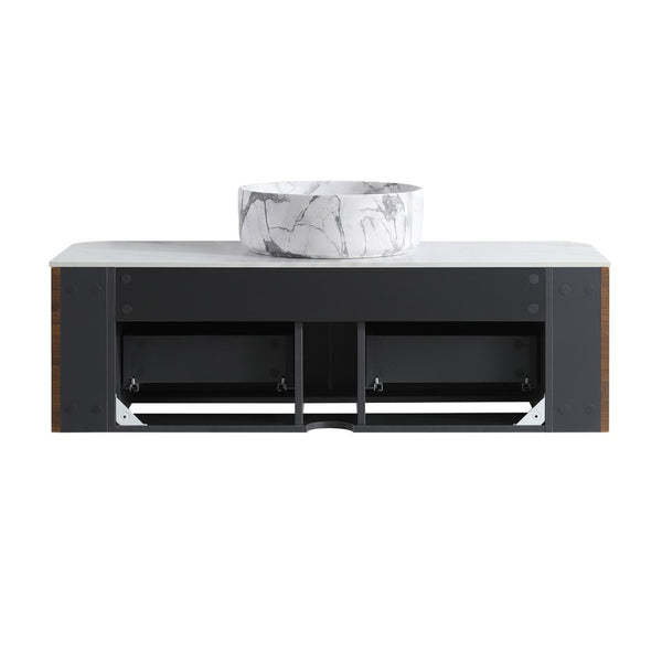 English Elm Erba 48 Inch Wall Mounted Bathroom Vanity Fluted Spa Cabinet with Ceramic Vessel Sink Walnut W1865S00290