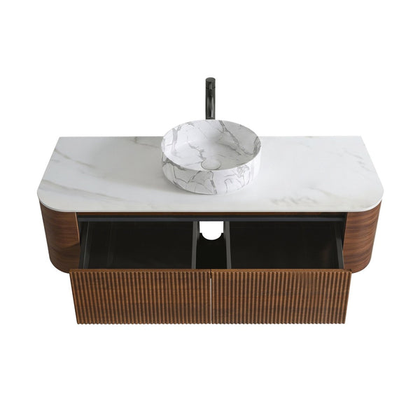 English Elm Erba 48 Inch Wall Mounted Bathroom Vanity Fluted Spa Cabinet with Ceramic Vessel Sink Walnut W1865S00290