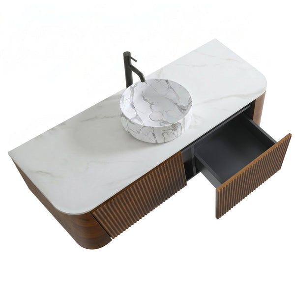 English Elm Erba 48 Inch Wall Mounted Bathroom Vanity Fluted Spa Cabinet with Ceramic Vessel Sink Walnut W1865S00290