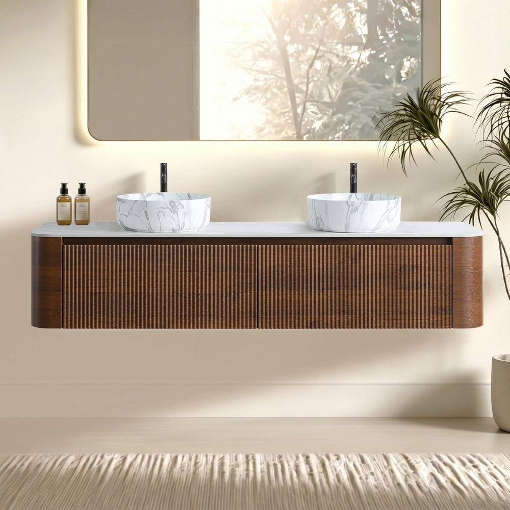 English Elm Erba 72 Inch Double Sink Bathroom Vanity Fluted Spa Design with Sintered Stone Top Walnut W1865S00292