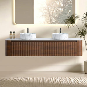 English Elm Erba 72 Inch Double Sink Bathroom Vanity Fluted Spa Design with Sintered Stone Top Walnut W1865S00292