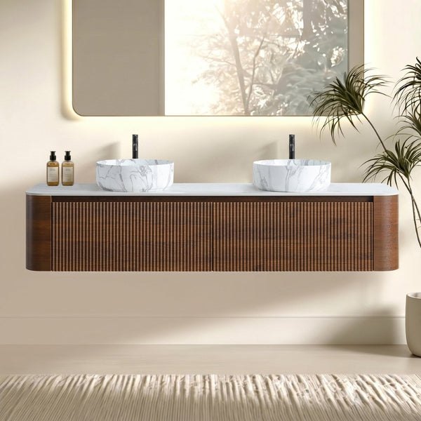 English Elm Erba 72 Inch Double Sink Bathroom Vanity Fluted Spa Design with Sintered Stone Top Walnut W1865S00292