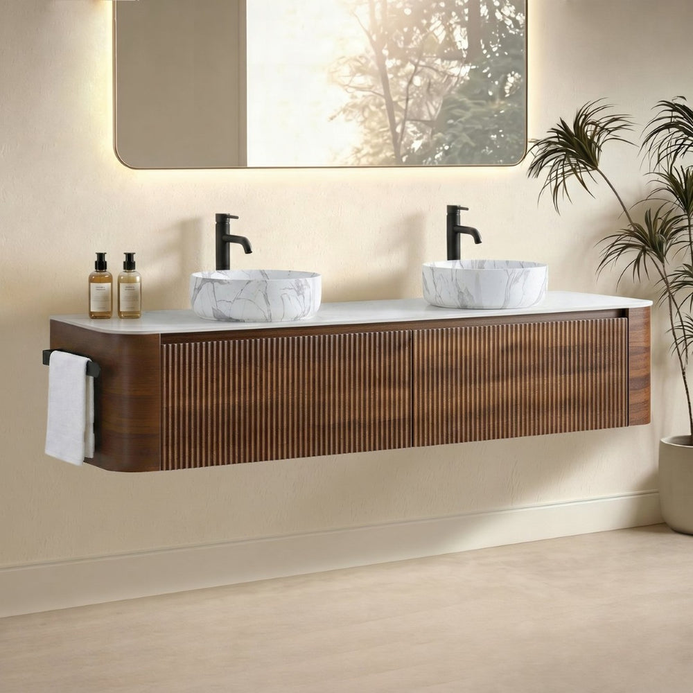 English Elm Erba 72 Inch Double Sink Bathroom Vanity Fluted Spa Design with Sintered Stone Top Walnut W1865S00292