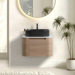 English Elm Erba 24 Inch Fluted Wall Mount Bathroom Vanity with Oval Ceramic Sink and Towel Rack Honey Oak Black W1865S00293