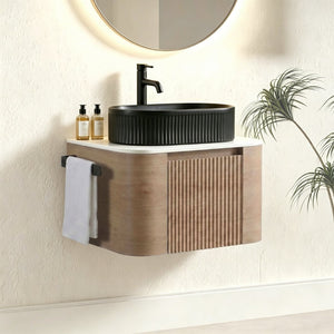 English Elm Erba 24 Inch Fluted Wall Mount Bathroom Vanity with Oval Ceramic Sink and Towel Rack Honey Oak Black W1865S00293