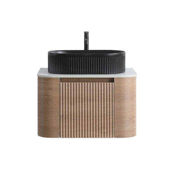 English Elm Erba 24 Inch Fluted Wall Mount Bathroom Vanity with Oval Ceramic Sink and Towel Rack Honey Oak Black W1865S00293