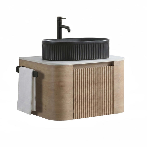 English Elm Erba 24 Inch Fluted Wall Mount Bathroom Vanity with Oval Ceramic Sink and Towel Rack Honey Oak Black W1865S00293