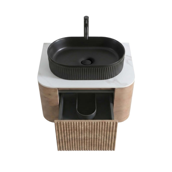 English Elm Erba 24 Inch Fluted Wall Mount Bathroom Vanity with Oval Ceramic Sink and Towel Rack Honey Oak Black W1865S00293