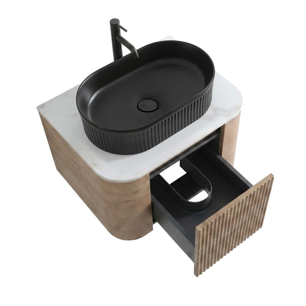 English Elm Erba 24 Inch Fluted Wall Mount Bathroom Vanity with Oval Ceramic Sink and Towel Rack Honey Oak Black W1865S00293