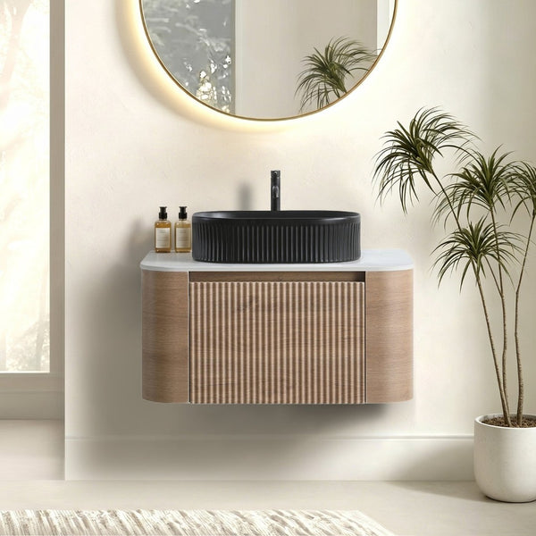 English Elm Erba 30 Inch Fluted Wall Mount Bathroom Vanity with Ceramic Basin and Soft Close Storage Honey Oak Black W1865S00294