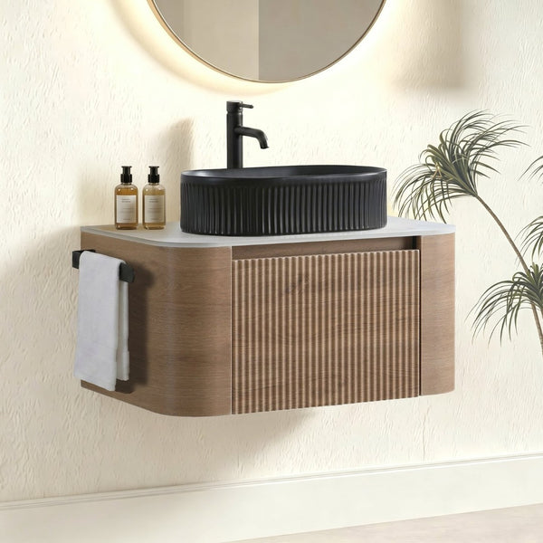 English Elm Erba 30 Inch Fluted Wall Mount Bathroom Vanity with Ceramic Basin and Soft Close Storage Honey Oak Black W1865S00294