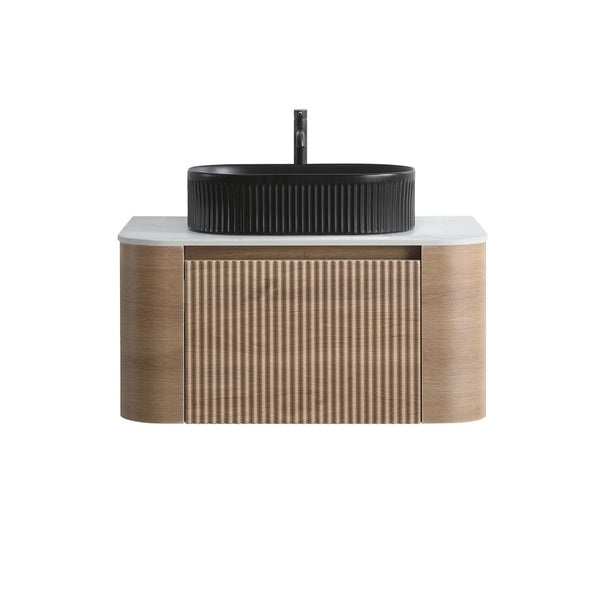 English Elm Erba 30 Inch Fluted Wall Mount Bathroom Vanity with Ceramic Basin and Soft Close Storage Honey Oak Black W1865S00294