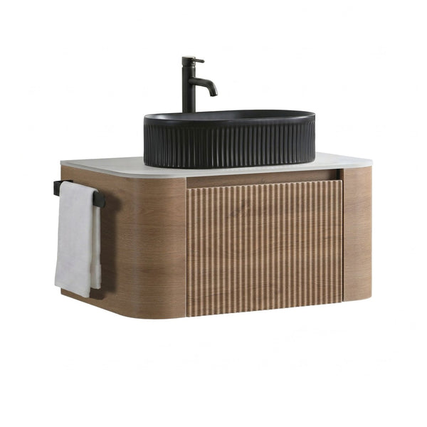 English Elm Erba 30 Inch Fluted Wall Mount Bathroom Vanity with Ceramic Basin and Soft Close Storage Honey Oak Black W1865S00294