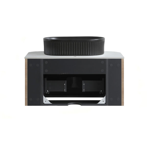 English Elm Erba 30 Inch Fluted Wall Mount Bathroom Vanity with Ceramic Basin and Soft Close Storage Honey Oak Black W1865S00294