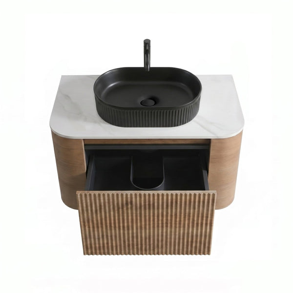 English Elm Erba 30 Inch Fluted Wall Mount Bathroom Vanity with Ceramic Basin and Soft Close Storage Honey Oak Black W1865S00294