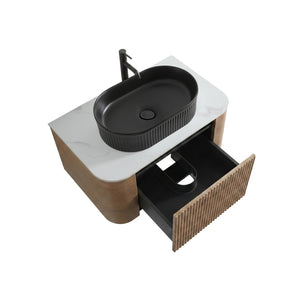 English Elm Erba 30 Inch Fluted Wall Mount Bathroom Vanity with Ceramic Basin and Soft Close Storage Honey Oak Black W1865S00294