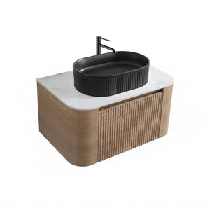 English Elm Erba 30 Inch Fluted Wall Mount Bathroom Vanity with Ceramic Basin and Soft Close Storage Honey Oak Black W1865S00294