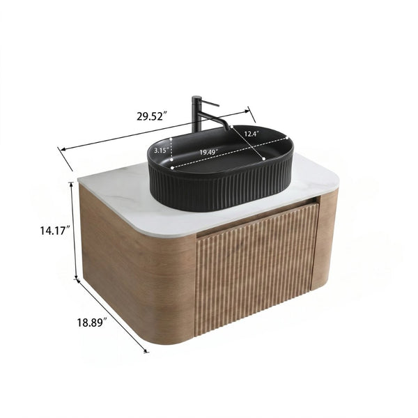 English Elm Erba 30 Inch Fluted Wall Mount Bathroom Vanity with Ceramic Basin and Soft Close Storage Honey Oak Black W1865S00294