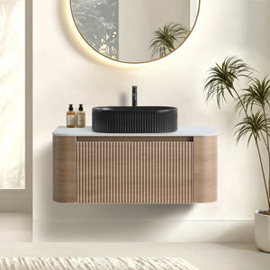 English Elm Erba 36 Inch Fluted Bathroom Vanity with Ceramic Vessel Sink and Matching Towel Rack Honey Oak Black W1865S00295