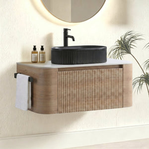 English Elm Erba 36 Inch Fluted Bathroom Vanity with Ceramic Vessel Sink and Matching Towel Rack Honey Oak Black W1865S00295