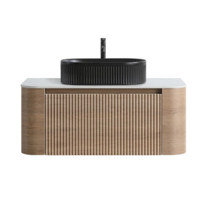 English Elm Erba 36 Inch Fluted Bathroom Vanity with Ceramic Vessel Sink and Matching Towel Rack Honey Oak Black W1865S00295