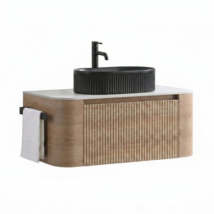 English Elm Erba 36 Inch Fluted Bathroom Vanity with Ceramic Vessel Sink and Matching Towel Rack Honey Oak Black W1865S00295