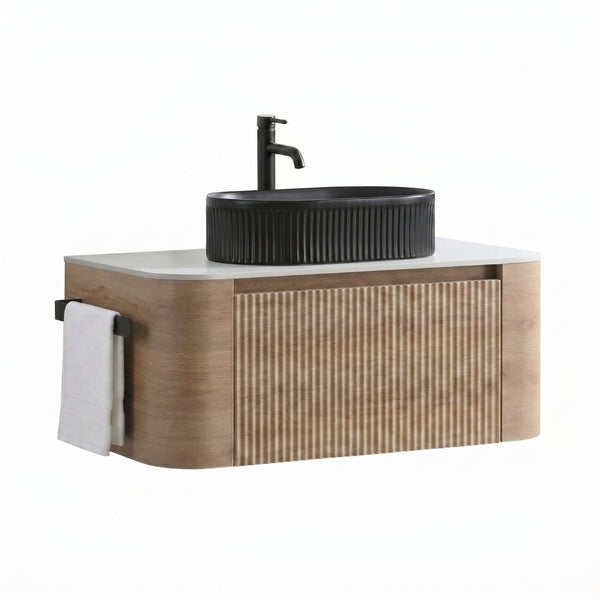 English Elm Erba 36 Inch Fluted Bathroom Vanity with Ceramic Vessel Sink and Matching Towel Rack Honey Oak Black W1865S00295