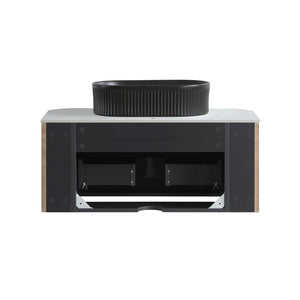 English Elm Erba 36 Inch Fluted Bathroom Vanity with Ceramic Vessel Sink and Matching Towel Rack Honey Oak Black W1865S00295
