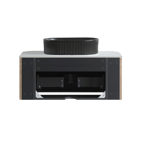 English Elm Erba 36 Inch Fluted Bathroom Vanity with Ceramic Vessel Sink and Matching Towel Rack Honey Oak Black W1865S00295
