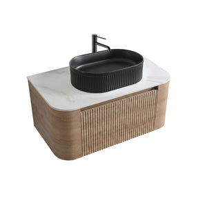 English Elm Erba 36 Inch Fluted Bathroom Vanity with Ceramic Vessel Sink and Matching Towel Rack Honey Oak Black W1865S00295