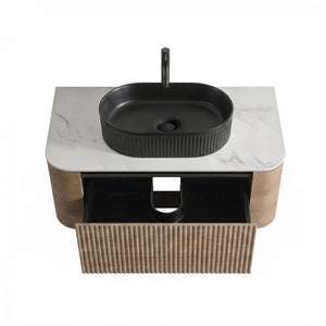 English Elm Erba 36 Inch Fluted Bathroom Vanity with Ceramic Vessel Sink and Matching Towel Rack Honey Oak Black W1865S00295