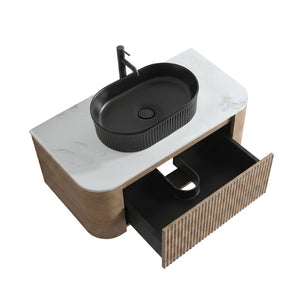 English Elm Erba 36 Inch Fluted Bathroom Vanity with Ceramic Vessel Sink and Matching Towel Rack Honey Oak Black W1865S00295