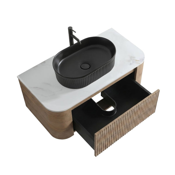 English Elm Erba 36 Inch Fluted Bathroom Vanity with Ceramic Vessel Sink and Matching Towel Rack Honey Oak Black W1865S00295