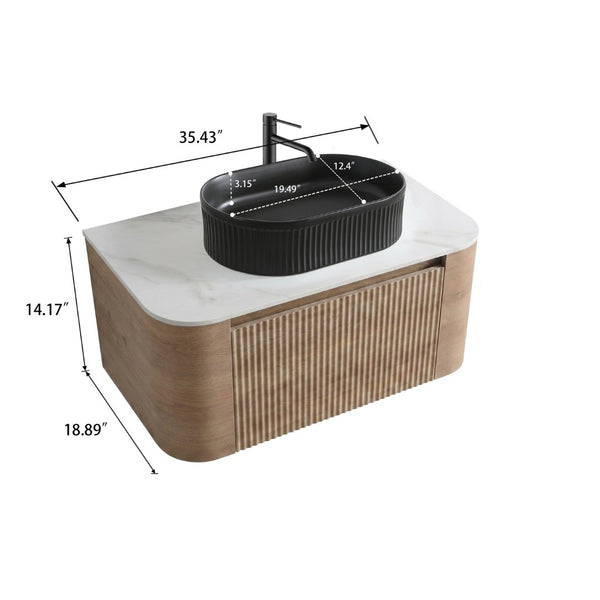 English Elm Erba 36 Inch Fluted Bathroom Vanity with Ceramic Vessel Sink and Matching Towel Rack Honey Oak Black W1865S00295