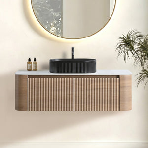 English Elm Erba 48 Inch Fluted Wall Mount Bathroom Vanity with Oval Ceramic Basin and Towel Rack Honey Oak Black W1865S00296