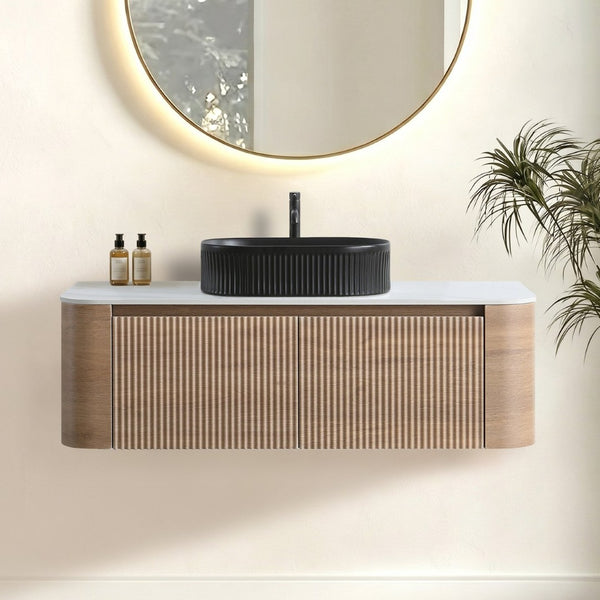 English Elm Erba 48 Inch Fluted Wall Mount Bathroom Vanity with Oval Ceramic Basin and Towel Rack Honey Oak Black W1865S00296