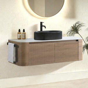English Elm Erba 48 Inch Fluted Wall Mount Bathroom Vanity with Oval Ceramic Basin and Towel Rack Honey Oak Black W1865S00296