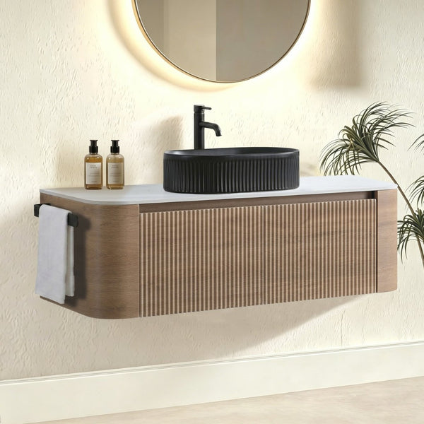 English Elm Erba 48 Inch Fluted Wall Mount Bathroom Vanity with Oval Ceramic Basin and Towel Rack Honey Oak Black W1865S00296