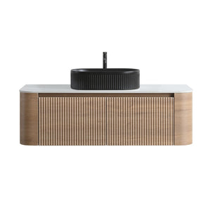 English Elm Erba 48 Inch Fluted Wall Mount Bathroom Vanity with Oval Ceramic Basin and Towel Rack Honey Oak Black W1865S00296
