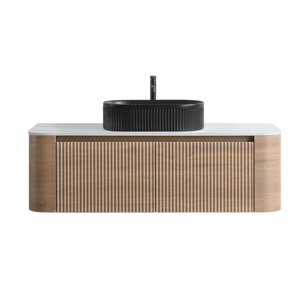 English Elm Erba 48 Inch Fluted Wall Mount Bathroom Vanity with Oval Ceramic Basin and Towel Rack Honey Oak Black W1865S00296