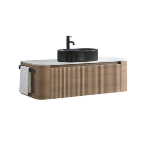 English Elm Erba 48 Inch Fluted Wall Mount Bathroom Vanity with Oval Ceramic Basin and Towel Rack Honey Oak Black W1865S00296